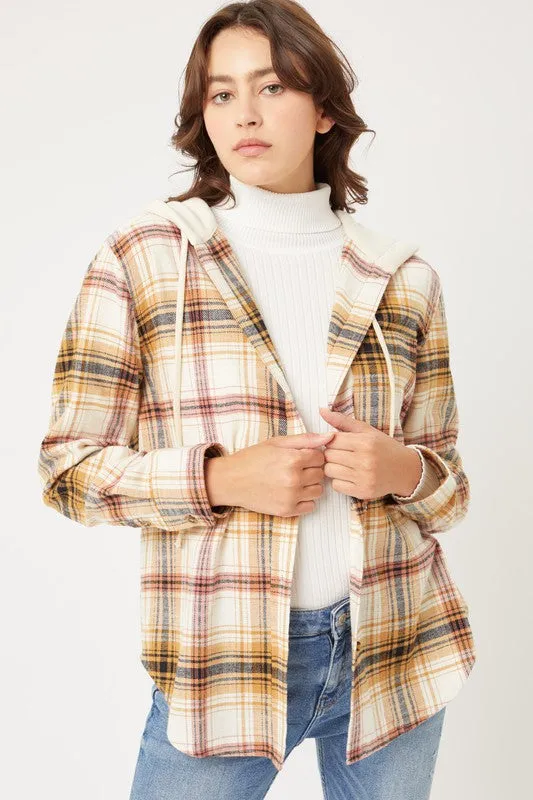 Plaid Flannel Button Up Shacket with Hood