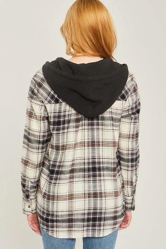 Plaid Flannel Button Up Shacket With Hood