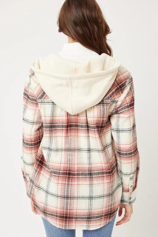 Plaid Flannel Button Up Shacket With Hood