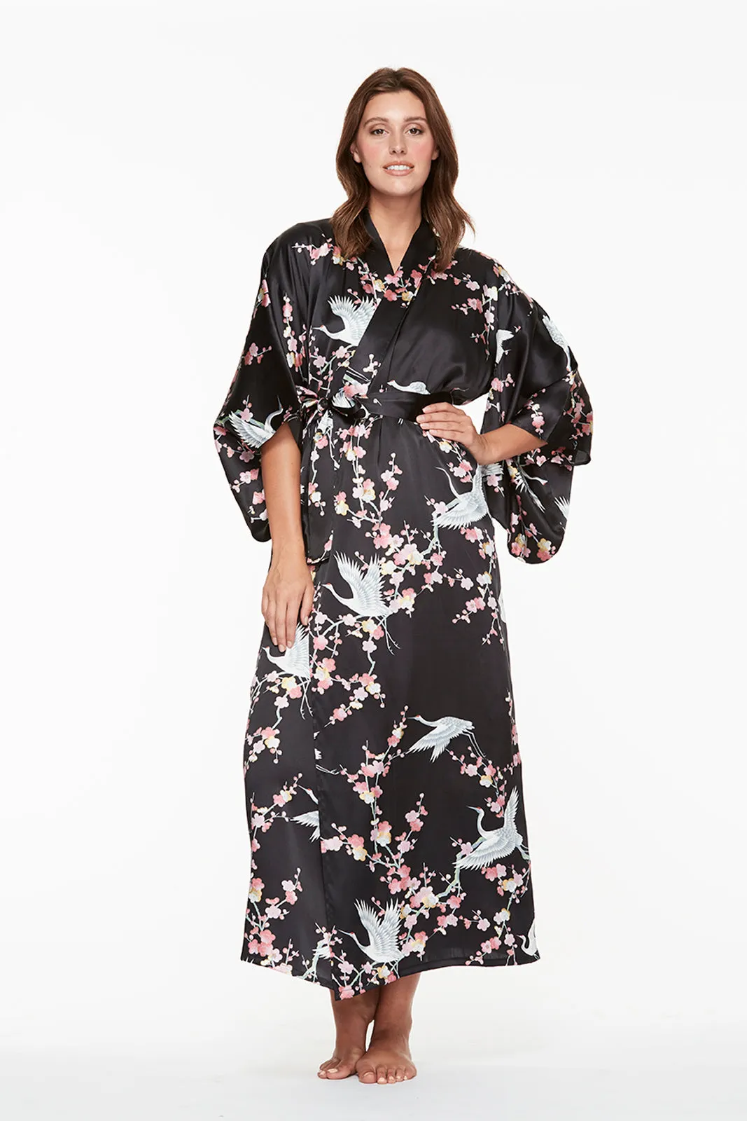 Plum & Crane Super Black Silk Long Kimono