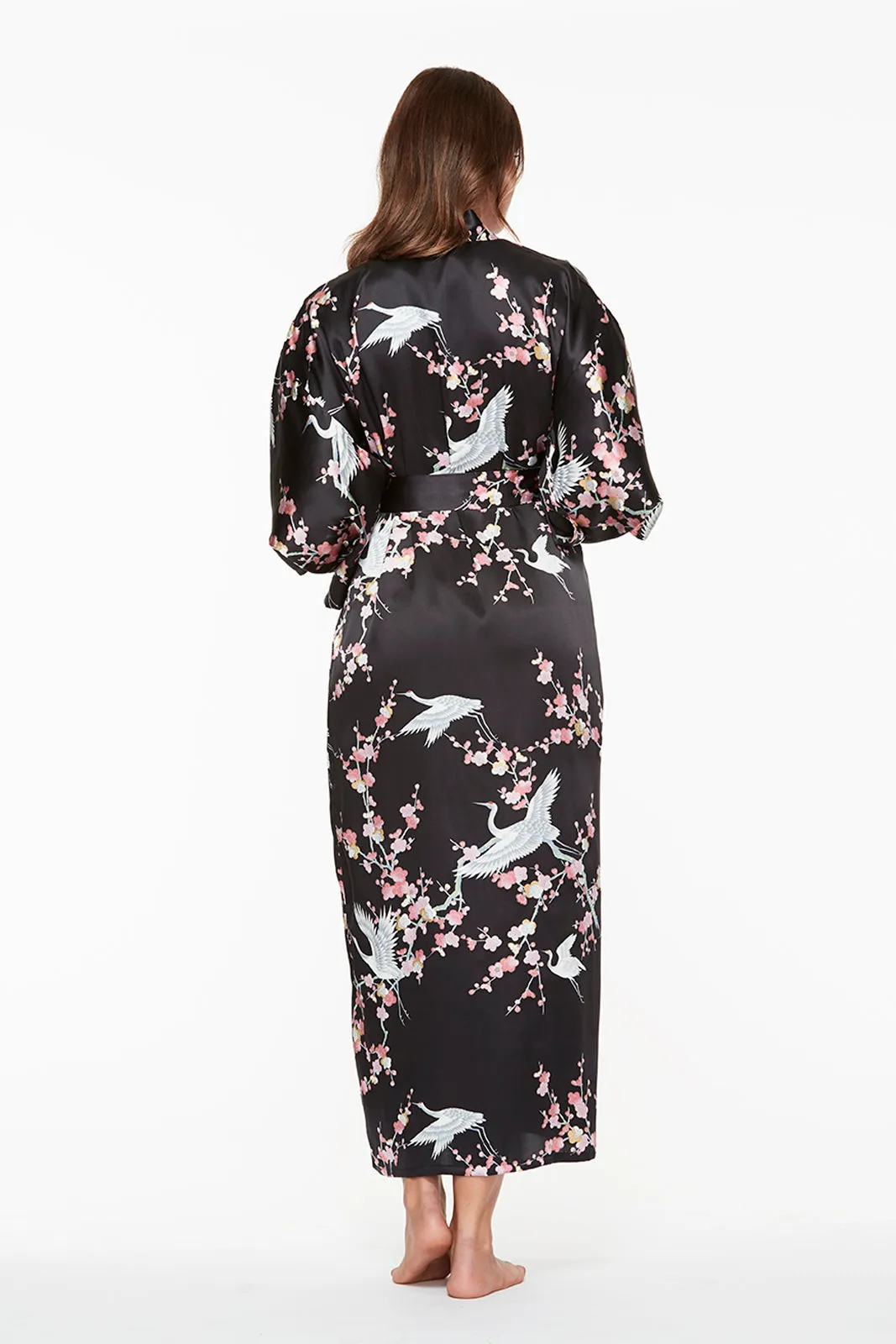 Plum & Crane Super Black Silk Long Kimono