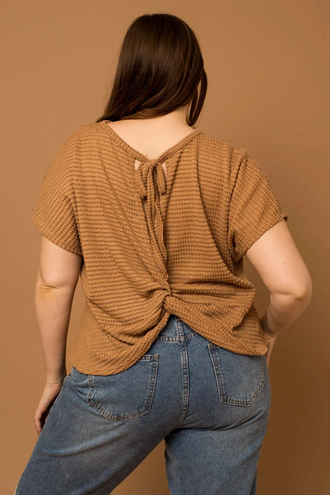 Plus Size Waffle Crew Neck Twisted Back Top