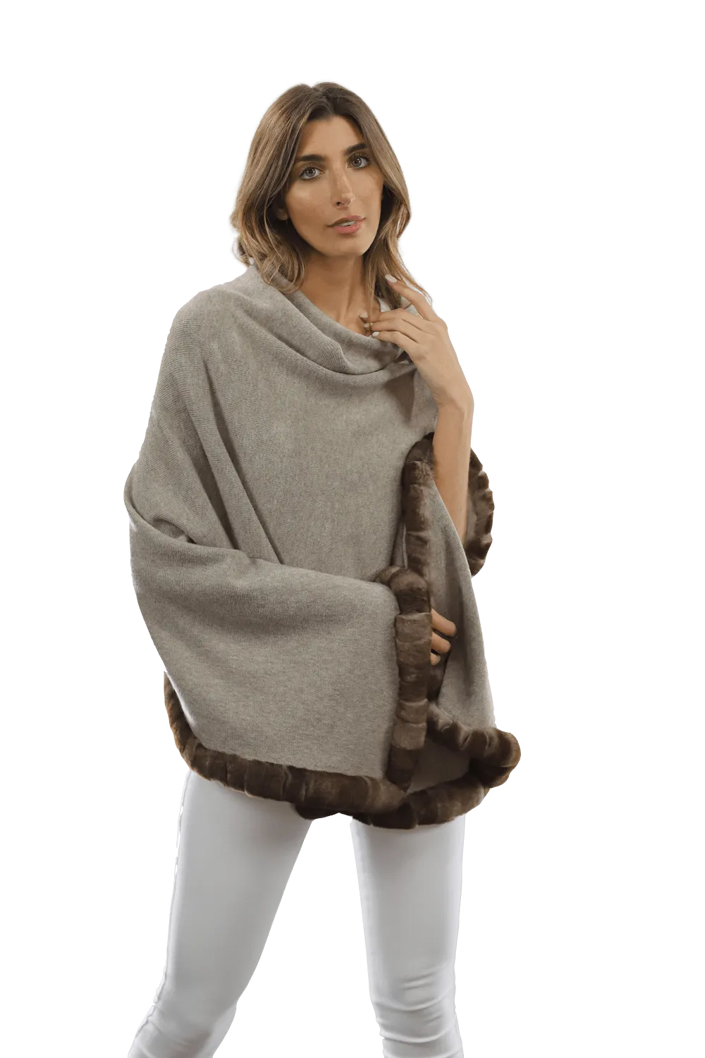 Poncho with Rex Rabbit Trim - Oatmeal