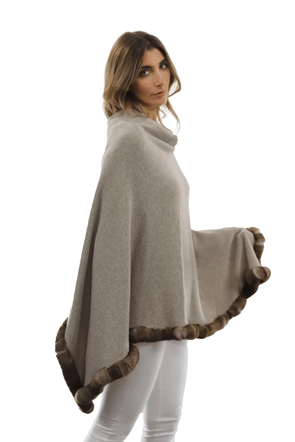 Poncho with Rex Rabbit Trim - Oatmeal