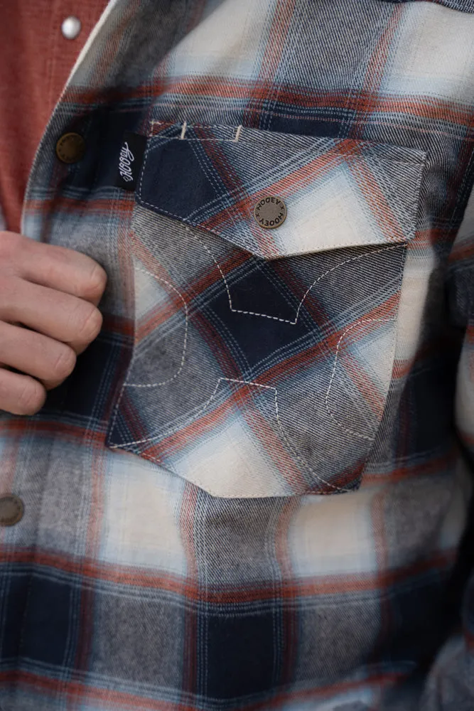 "Hooey Mens Flannel Jacket" Denim/White Plaid w/Cream Sherpa