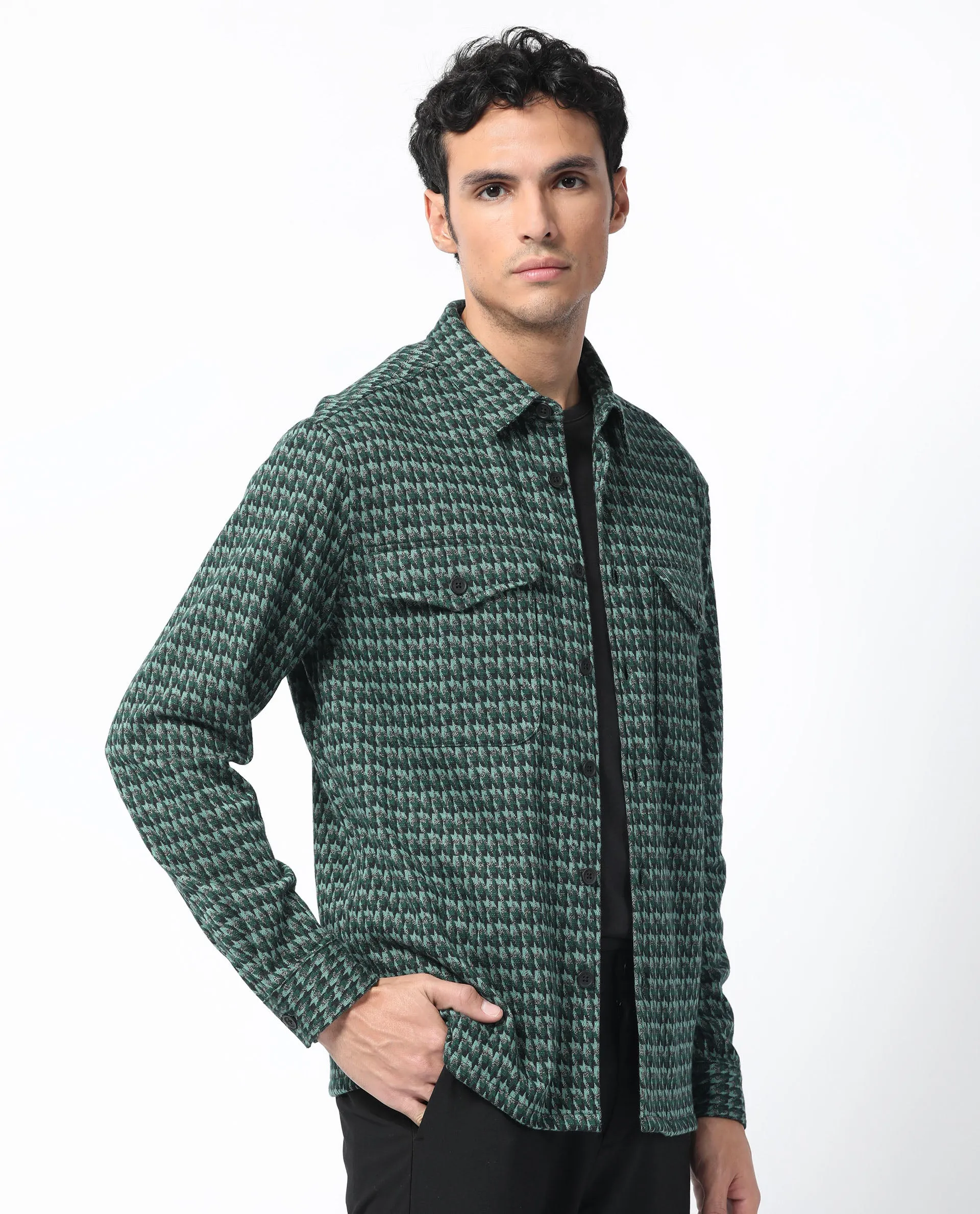 Rare Rabbit Men's Rodez Green Full Sleeve Button Closure Houndstooth Shacket