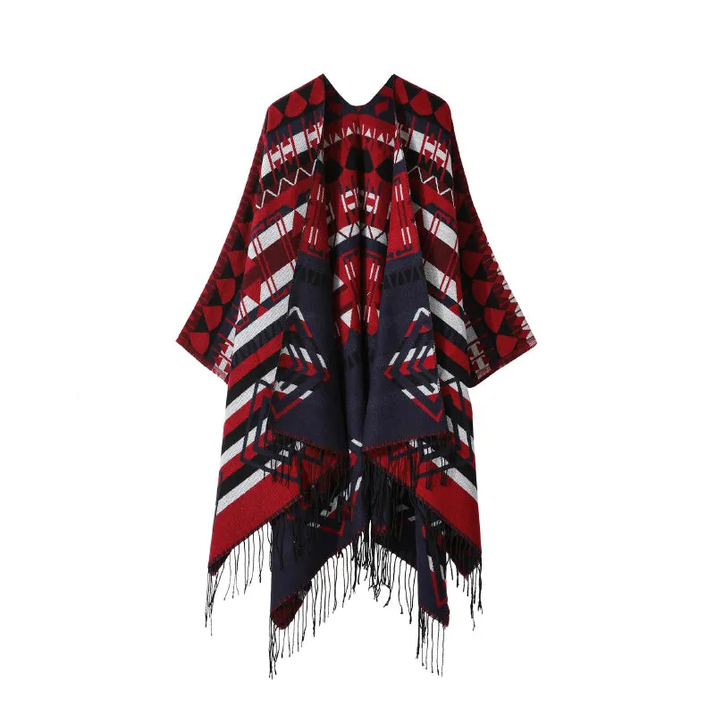 Retro Bohemian-Inspired Poncho Wrap Scarf with Fringe Details