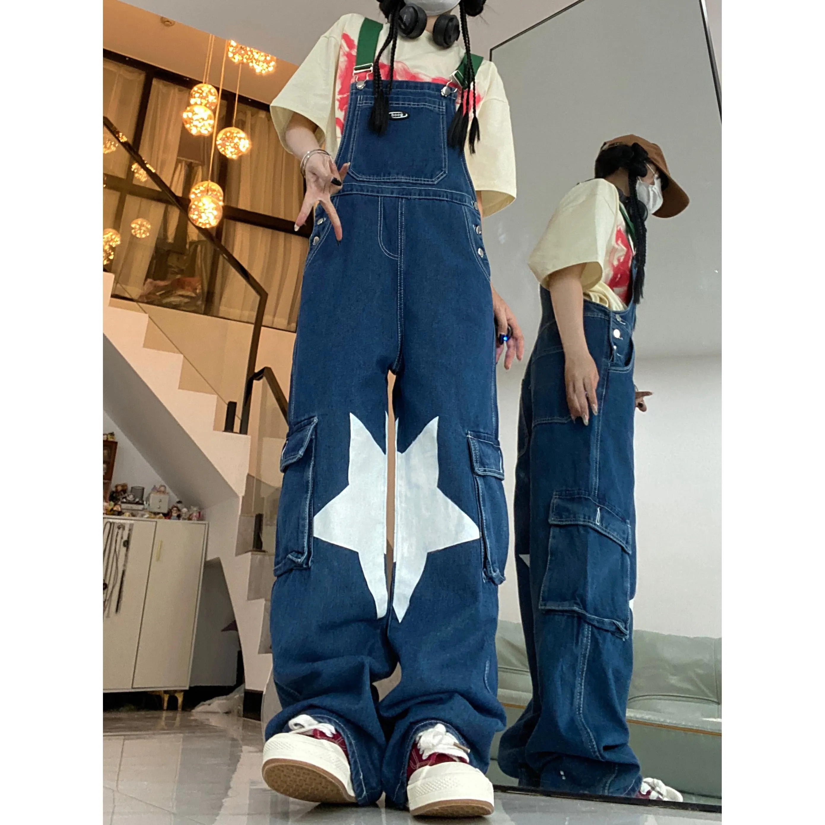 Retro Casual Stars Pattern Loose Fit Straight Leg Denim Overalls