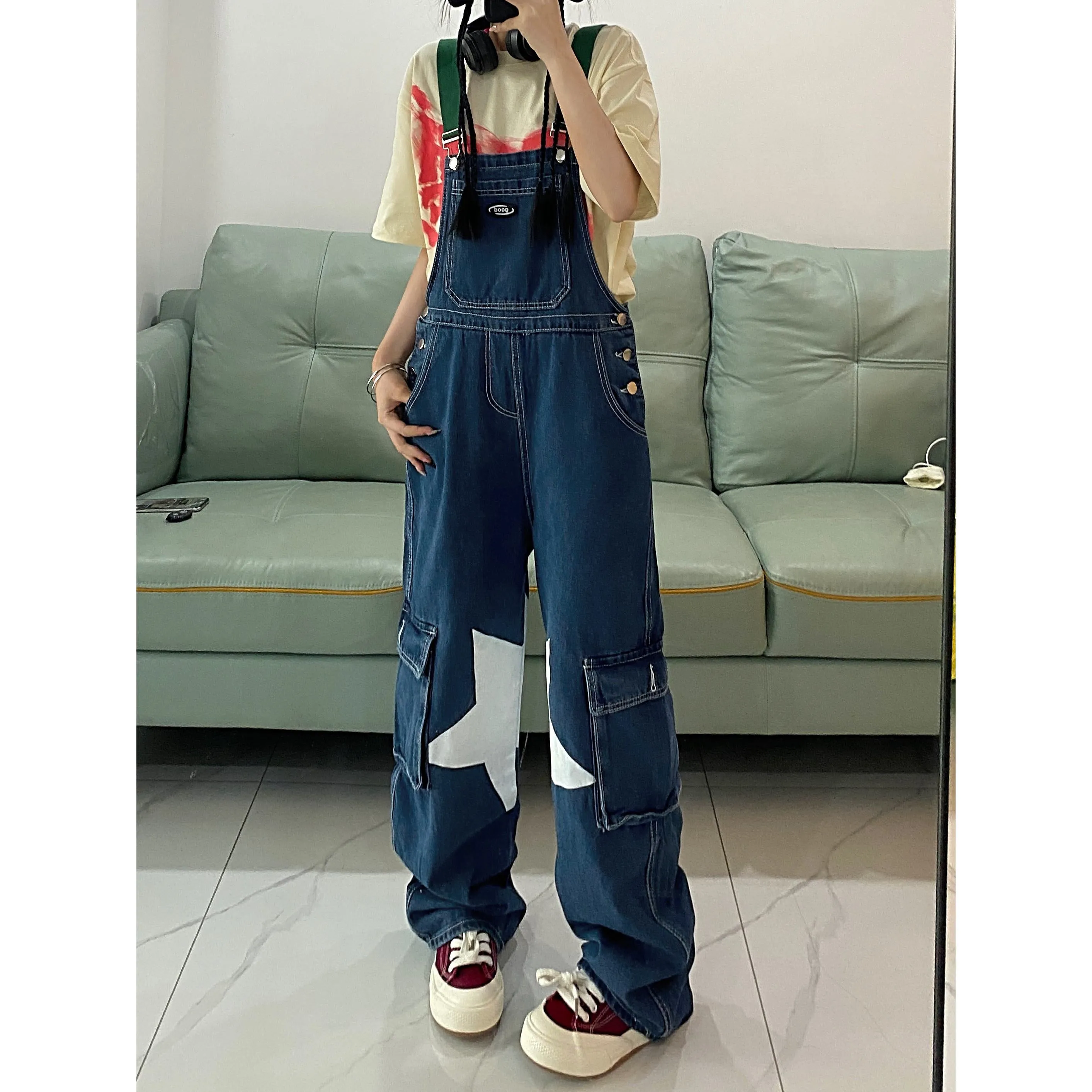 Retro Casual Stars Pattern Loose Fit Straight Leg Denim Overalls