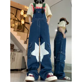 Retro Casual Stars Pattern Loose Fit Straight Leg Denim Overalls