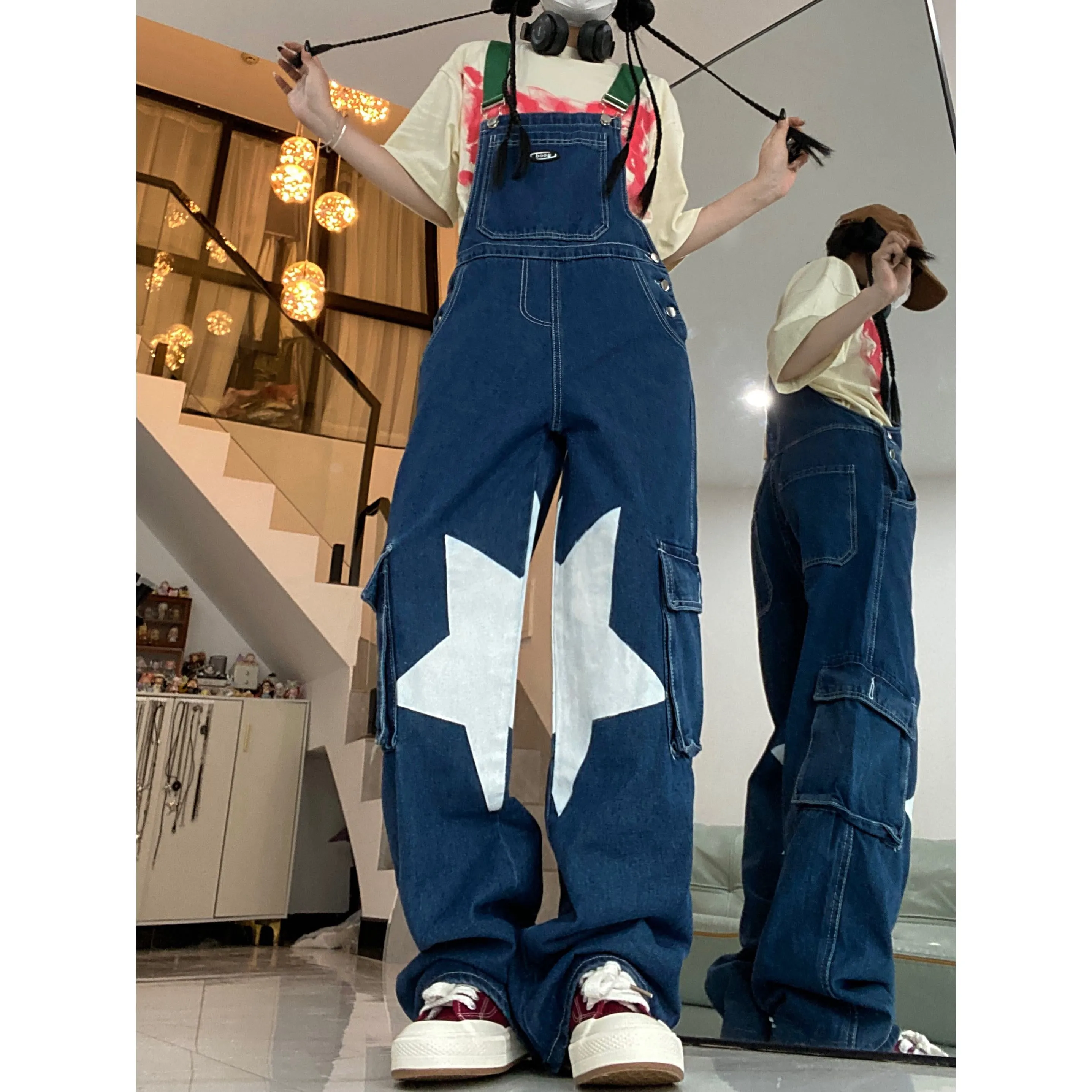 Retro Casual Stars Pattern Loose Fit Straight Leg Denim Overalls