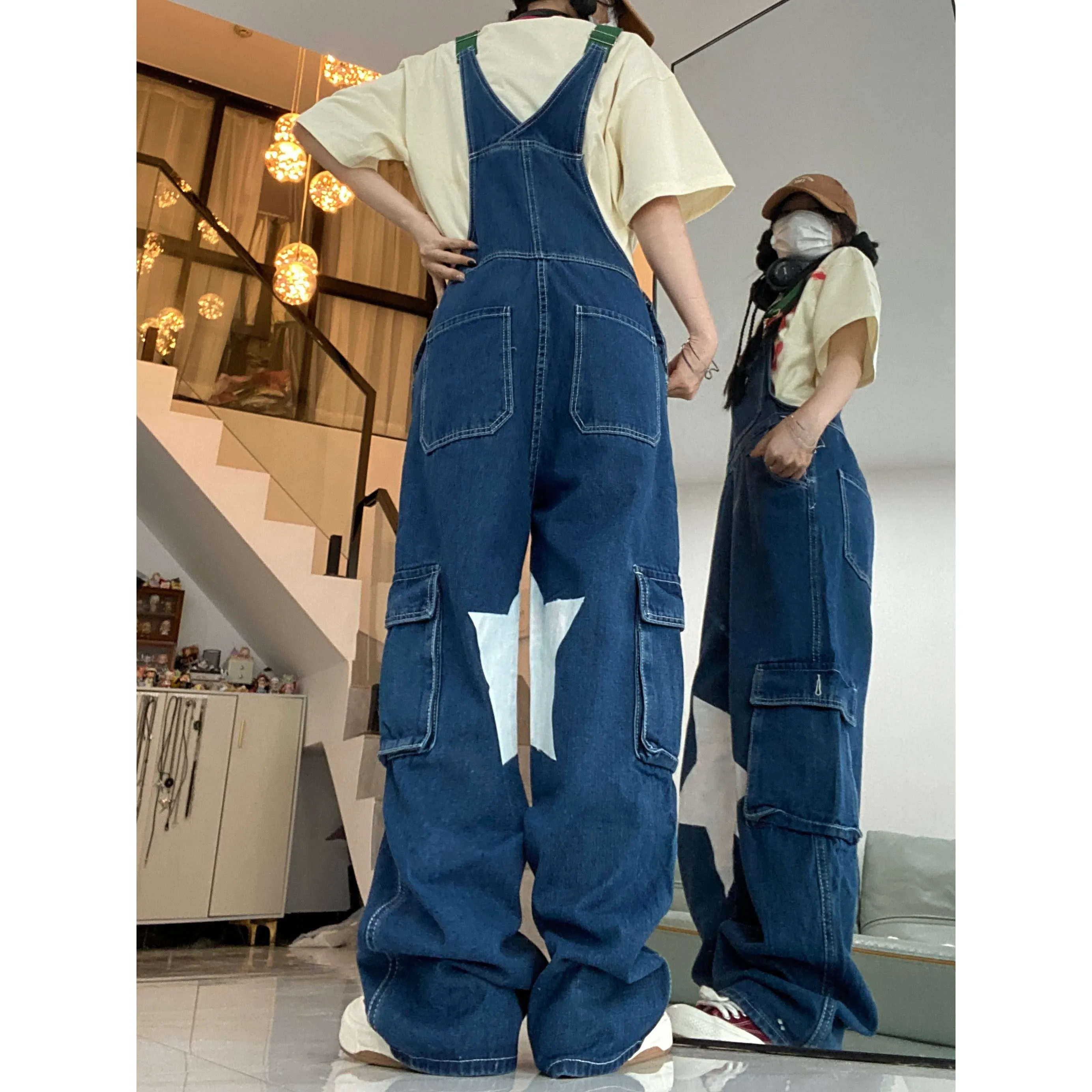 Retro Casual Stars Pattern Loose Fit Straight Leg Denim Overalls