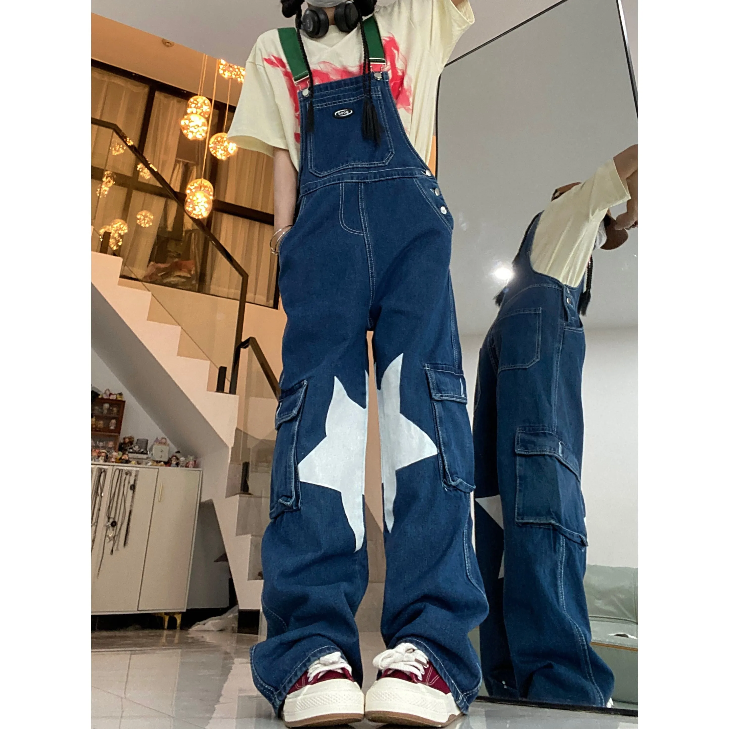 Retro Casual Stars Pattern Loose Fit Straight Leg Denim Overalls