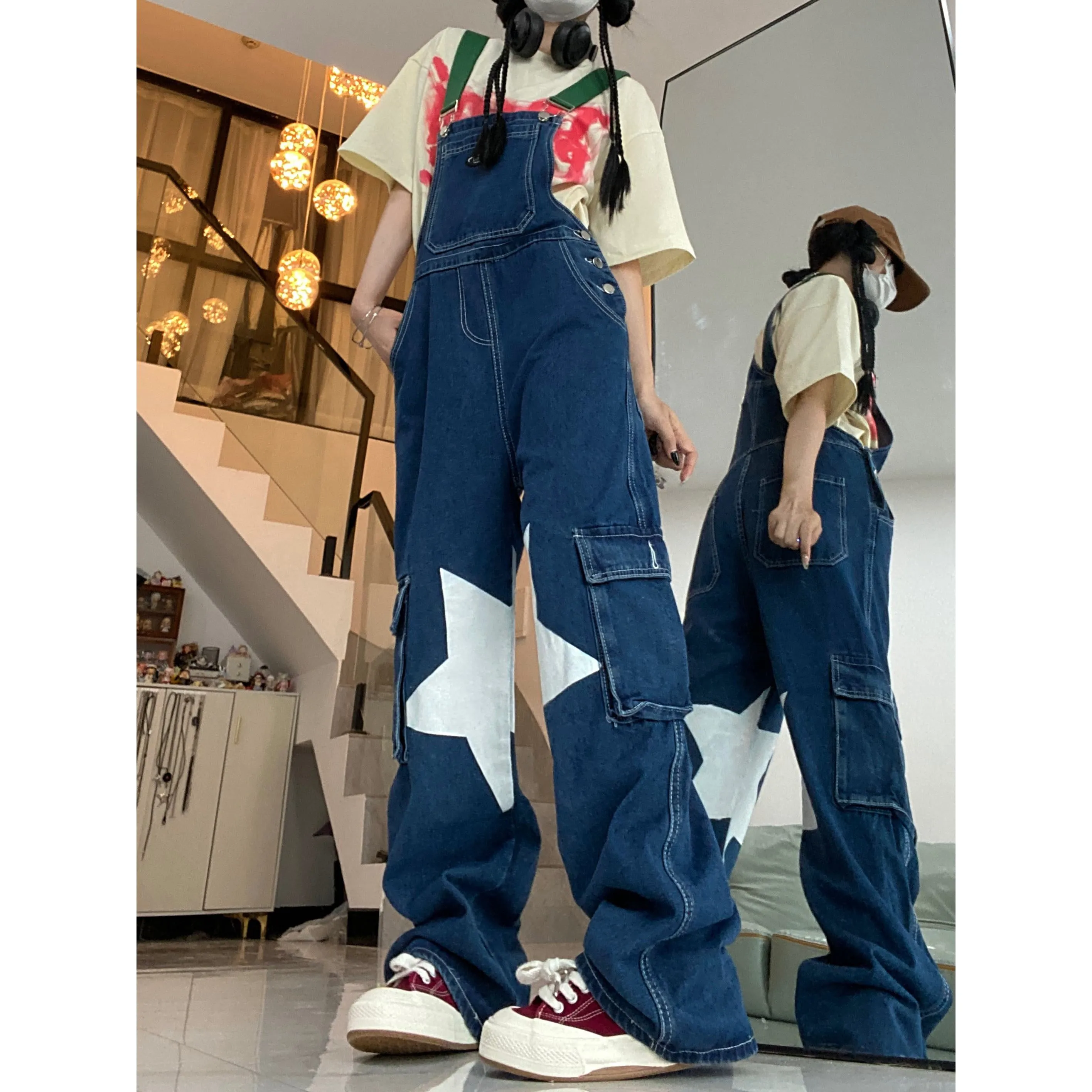 Retro Casual Stars Pattern Loose Fit Straight Leg Denim Overalls