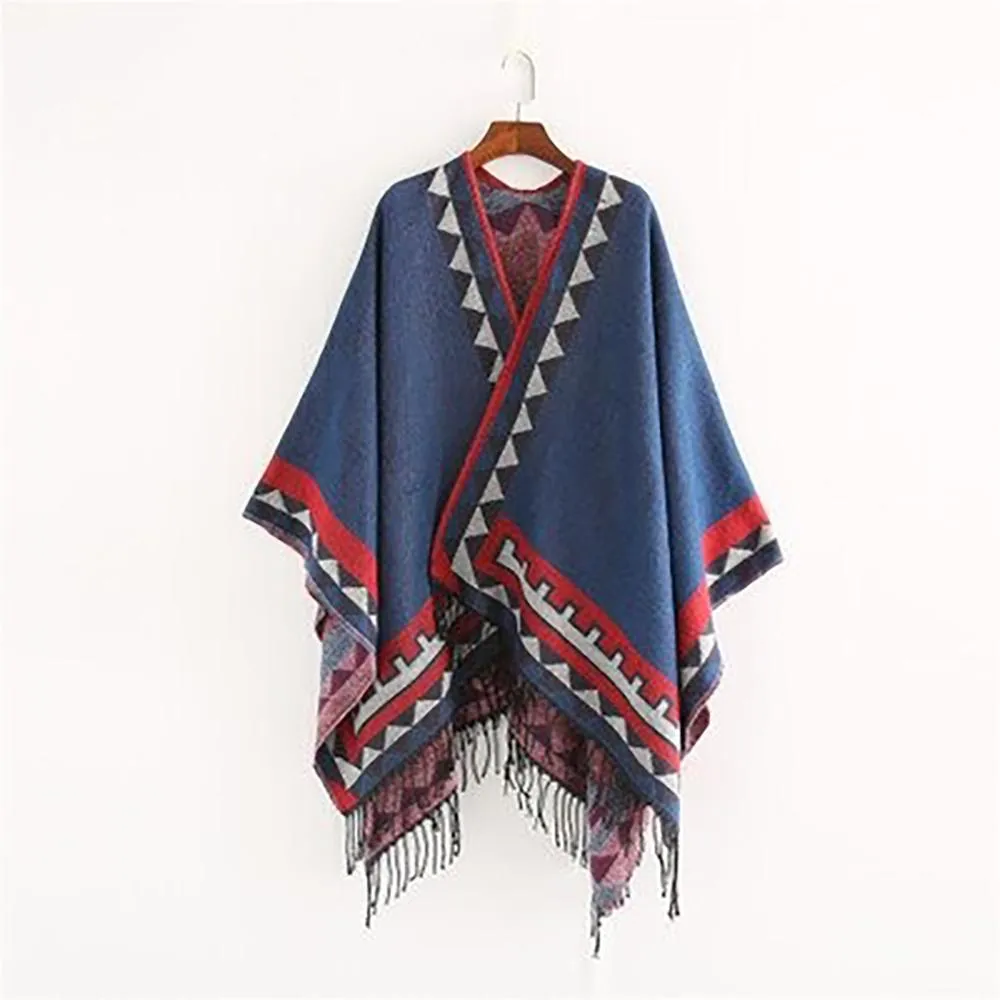 Retro Style Tassel Poncho Wrap Scarf with Tassels