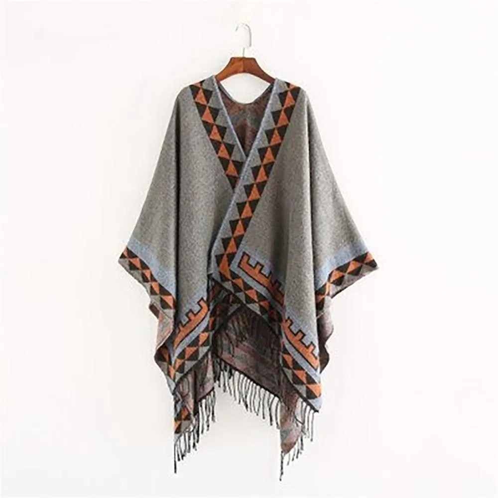 Retro Style Tassel Poncho Wrap Scarf with Tassels