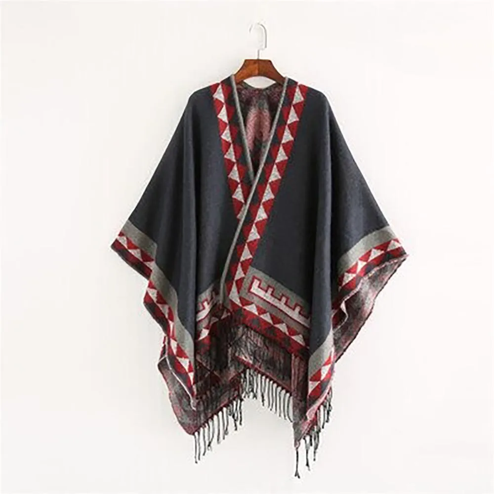 Retro Style Tassel Poncho Wrap Scarf with Tassels