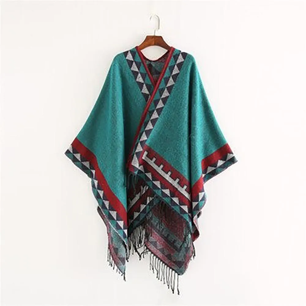 Retro Style Tassel Poncho Wrap Scarf with Tassels