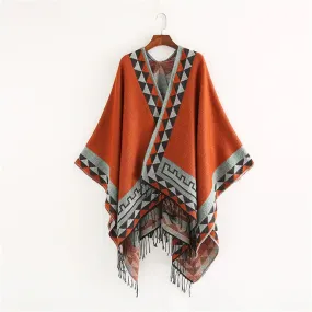 Retro Style Tassel Poncho Wrap Scarf with Tassels