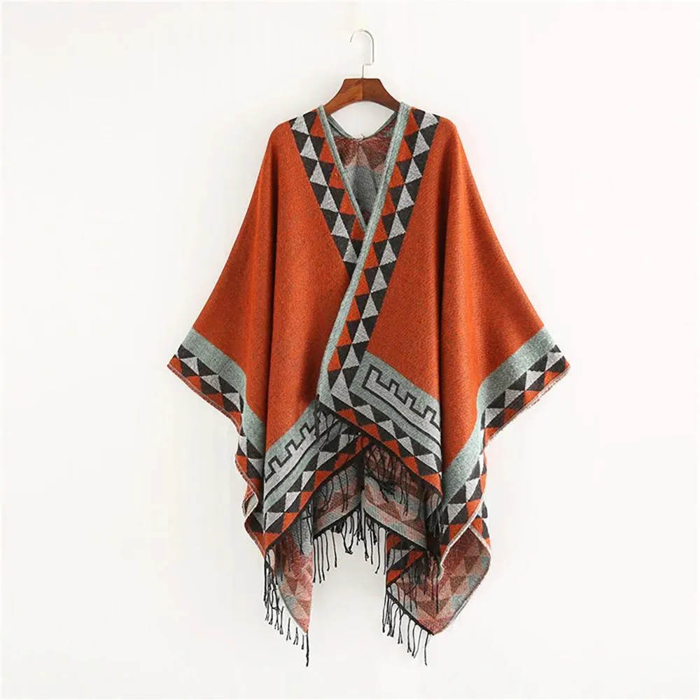 Retro Style Tassel Poncho Wrap Scarf with Tassels