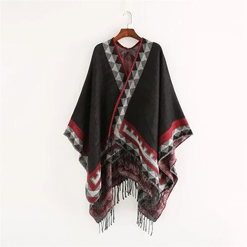 Retro Style Tassel Poncho Wrap Scarf with Tassels