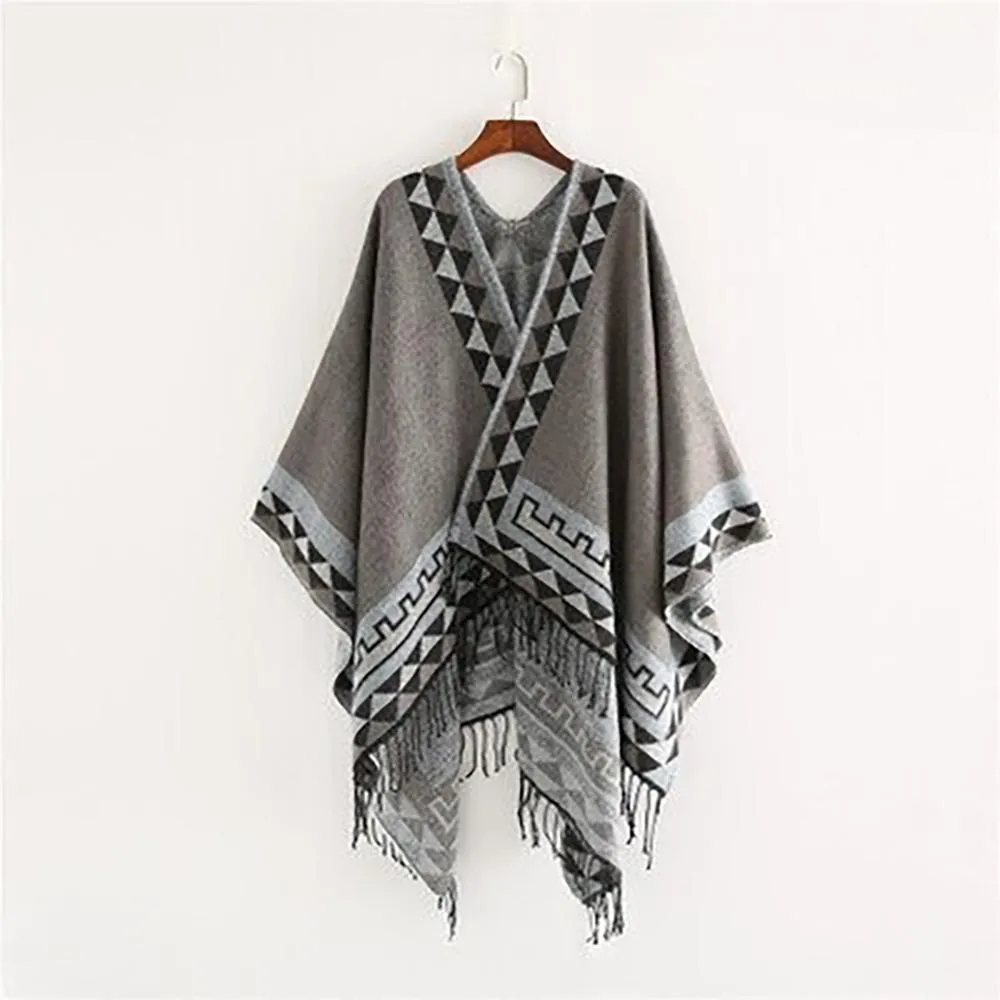 Retro Style Tassel Poncho Wrap Scarf with Tassels