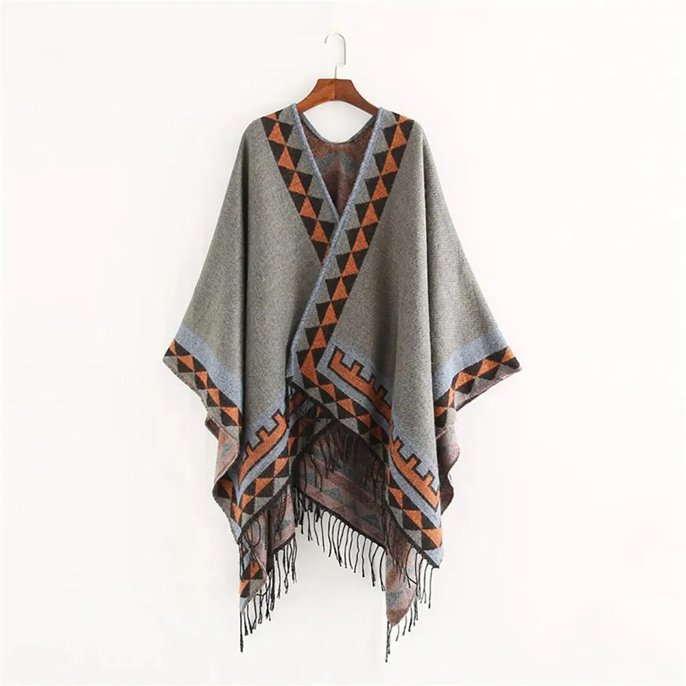 Retro Style Tassel Poncho Wrap Scarf with Tassels