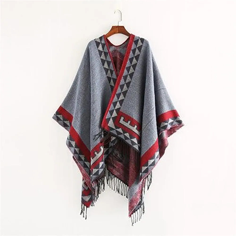 Retro Style Tassel Poncho Wrap Scarf with Tassels