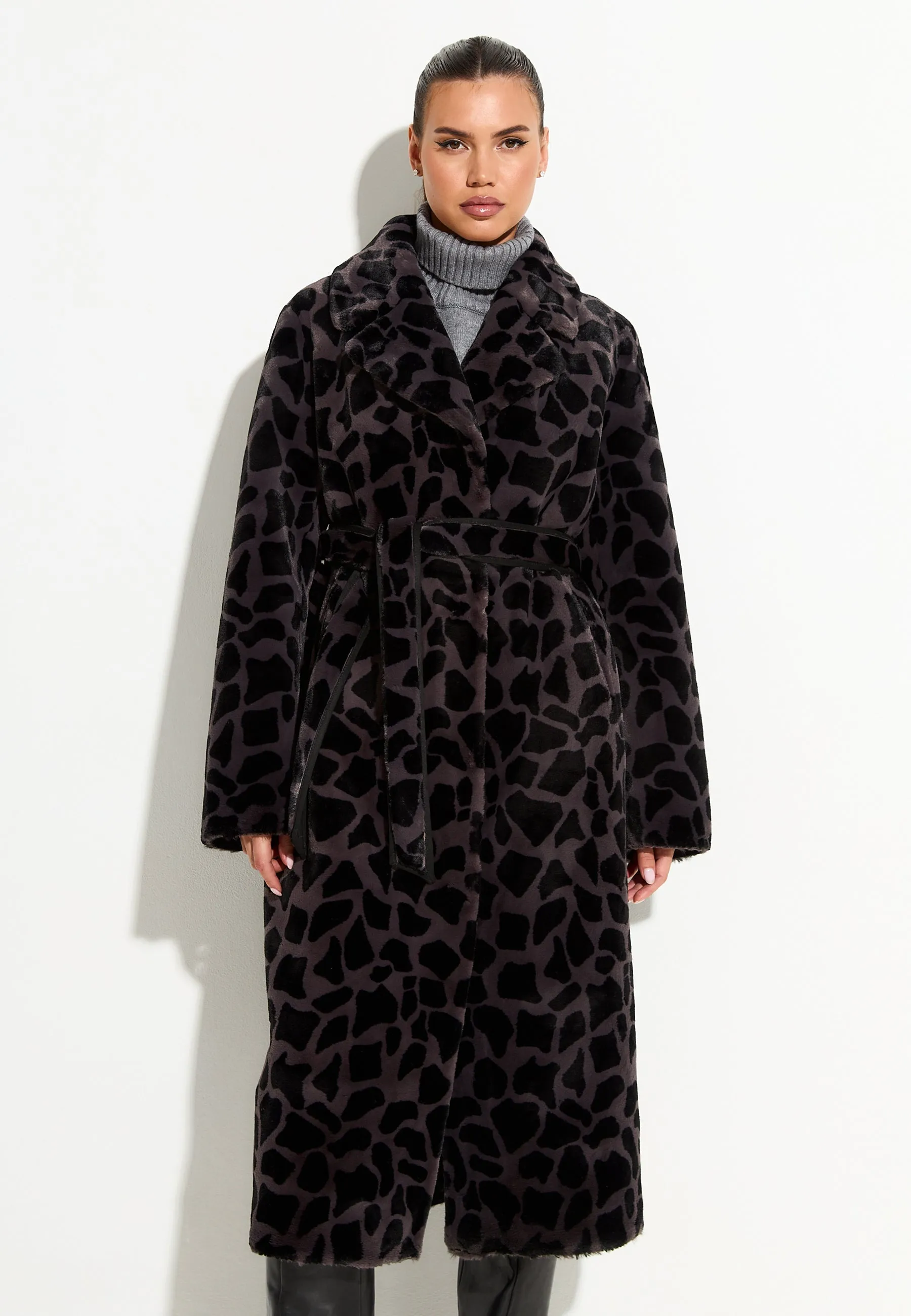 Reversible Animal Print Faux Fur Coat Pantera - Black