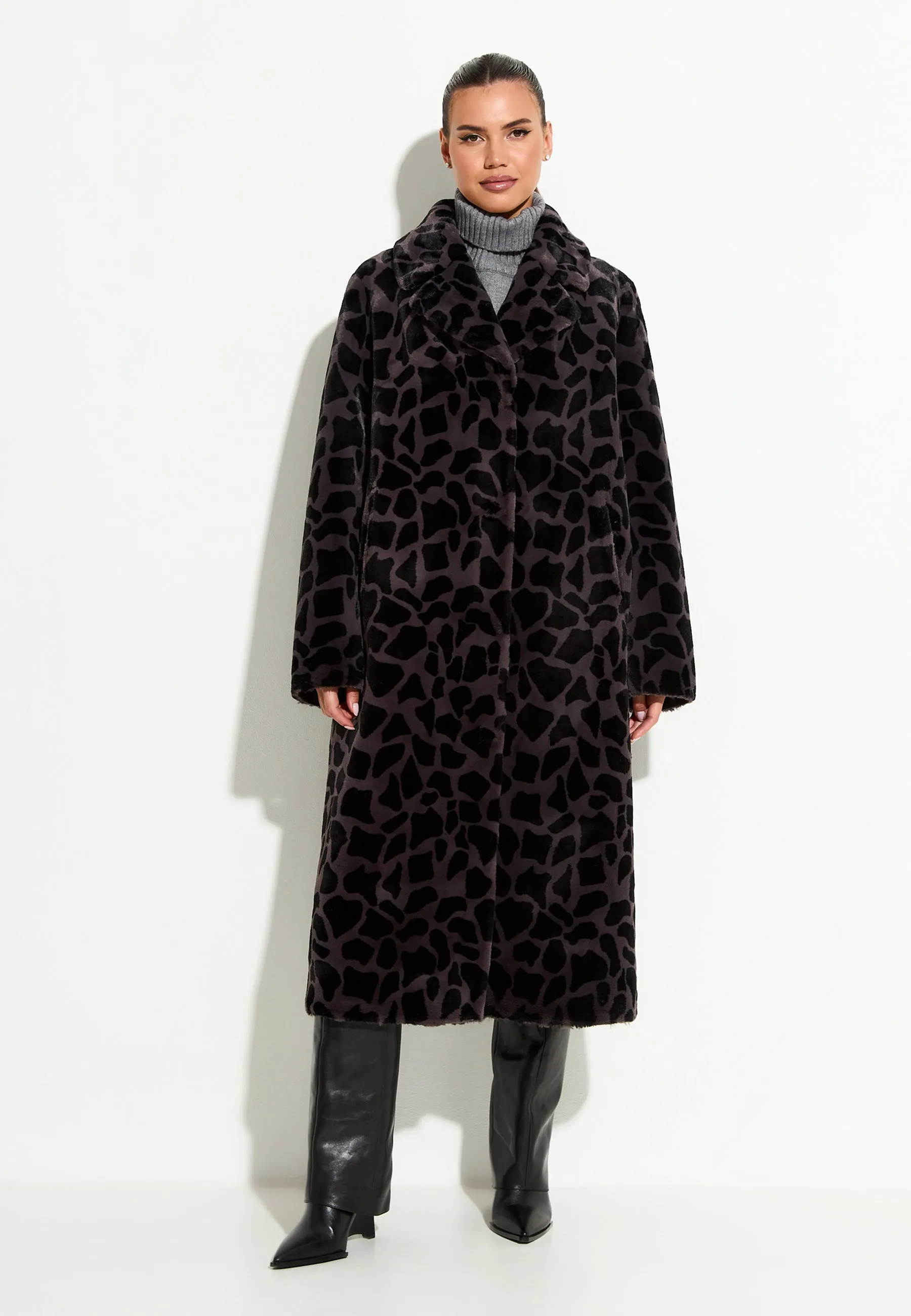 Reversible Animal Print Faux Fur Coat Pantera - Black