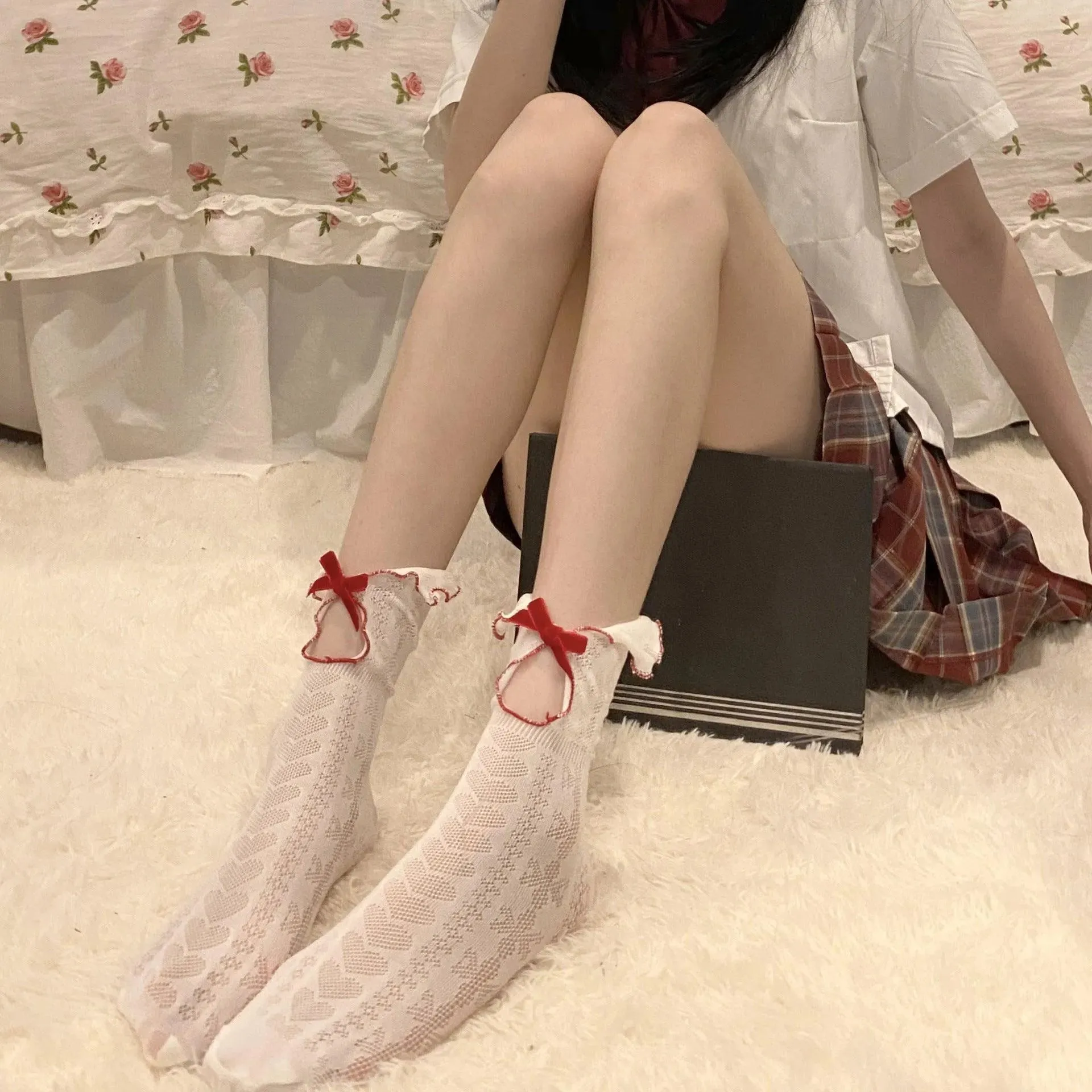 Ruffle socks with Lace | Lace Ankle Socks with Red Ribbon