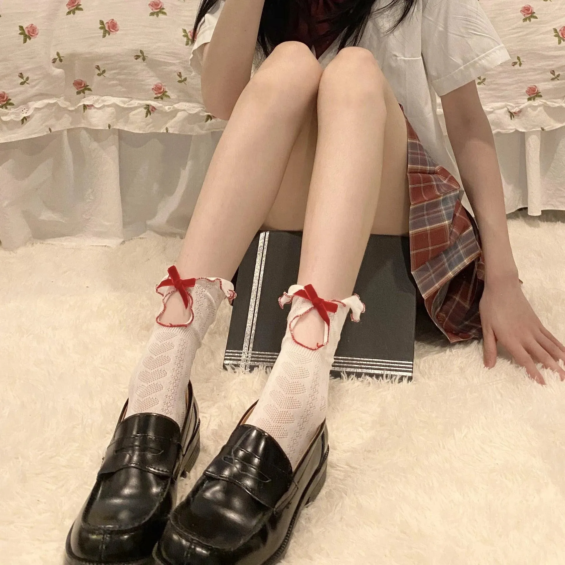 Ruffle socks with Lace | Lace Ankle Socks with Red Ribbon