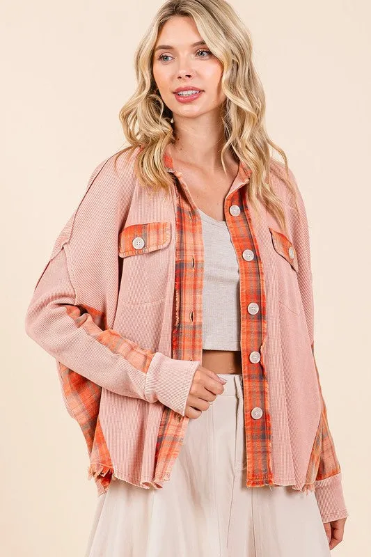 Rust Mineral Wash Plaid Contrast Waffle Knit Shacket