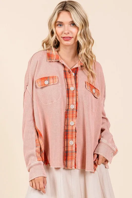 Rust Mineral Wash Plaid Contrast Waffle Knit Shacket