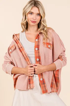 Rust Mineral Wash Plaid Contrast Waffle Knit Shacket