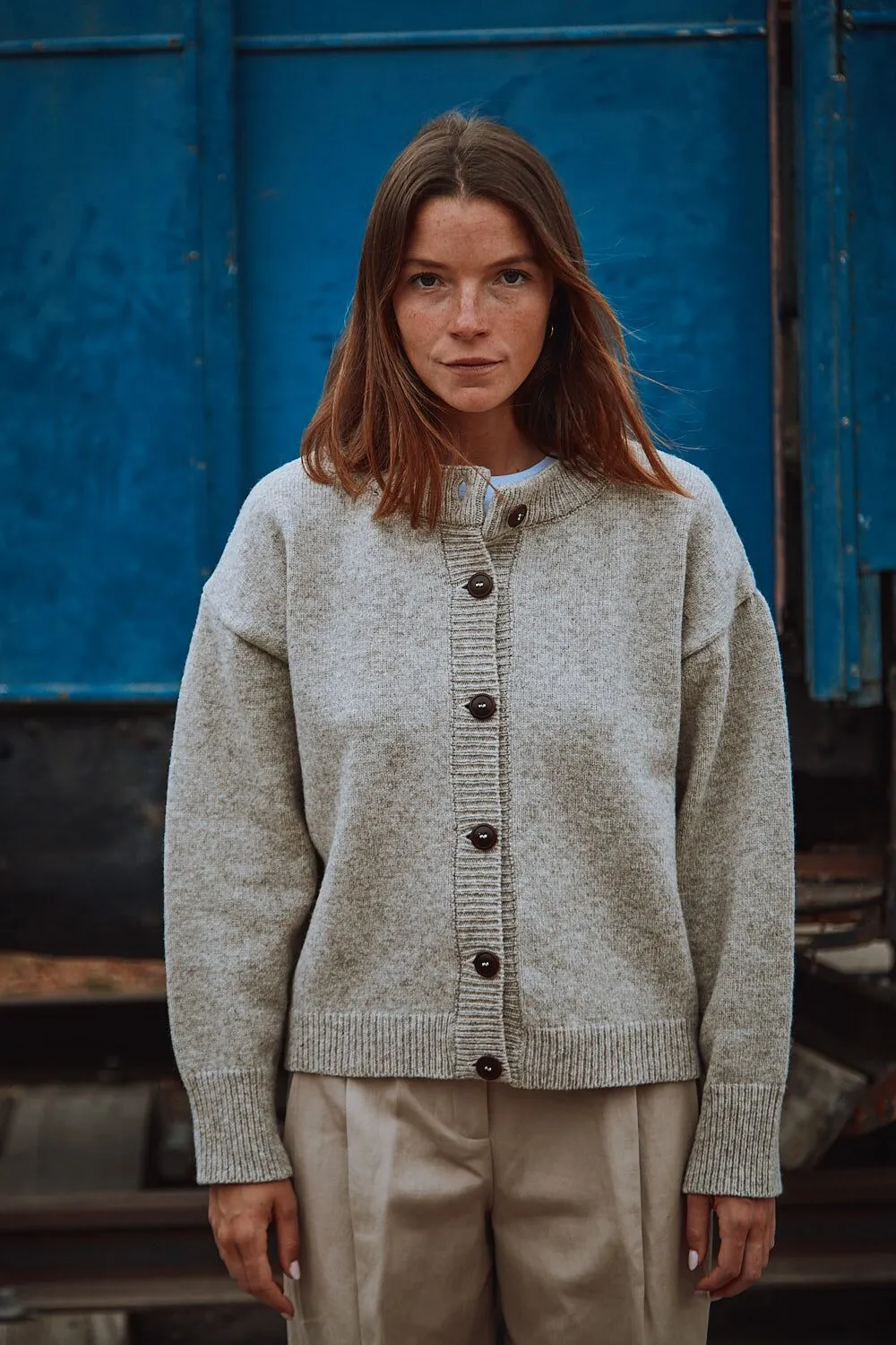 SANDRA Funnel-Neck Cardigan in Merino Wool - Beige