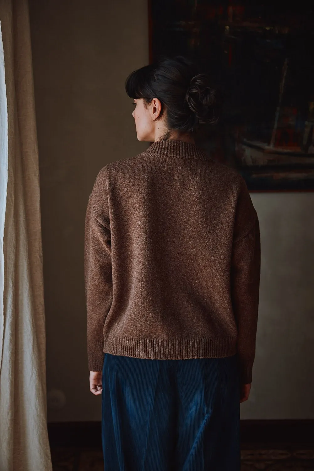 SANDRA Funnel-Neck Cardigan in Merino Wool - Chocolate