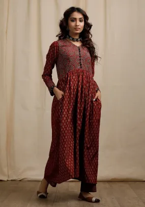 Set of 2: Red Ajrakh Print Flaredand Gathered Kurta with Pockets and red Ajrakh Print Straight Pants