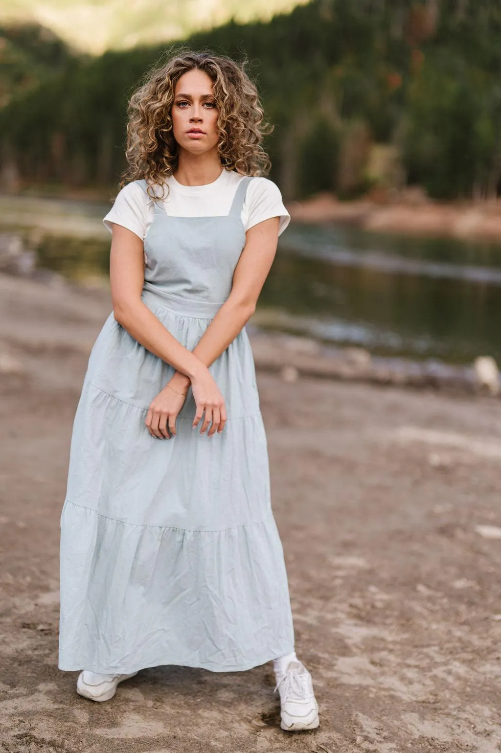 Shay Overall Dress in Dusty Blue