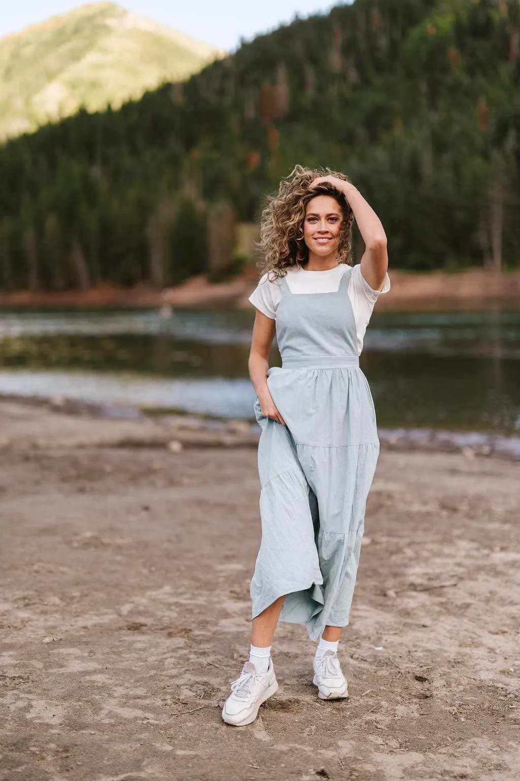 Shay Overall Dress in Dusty Blue