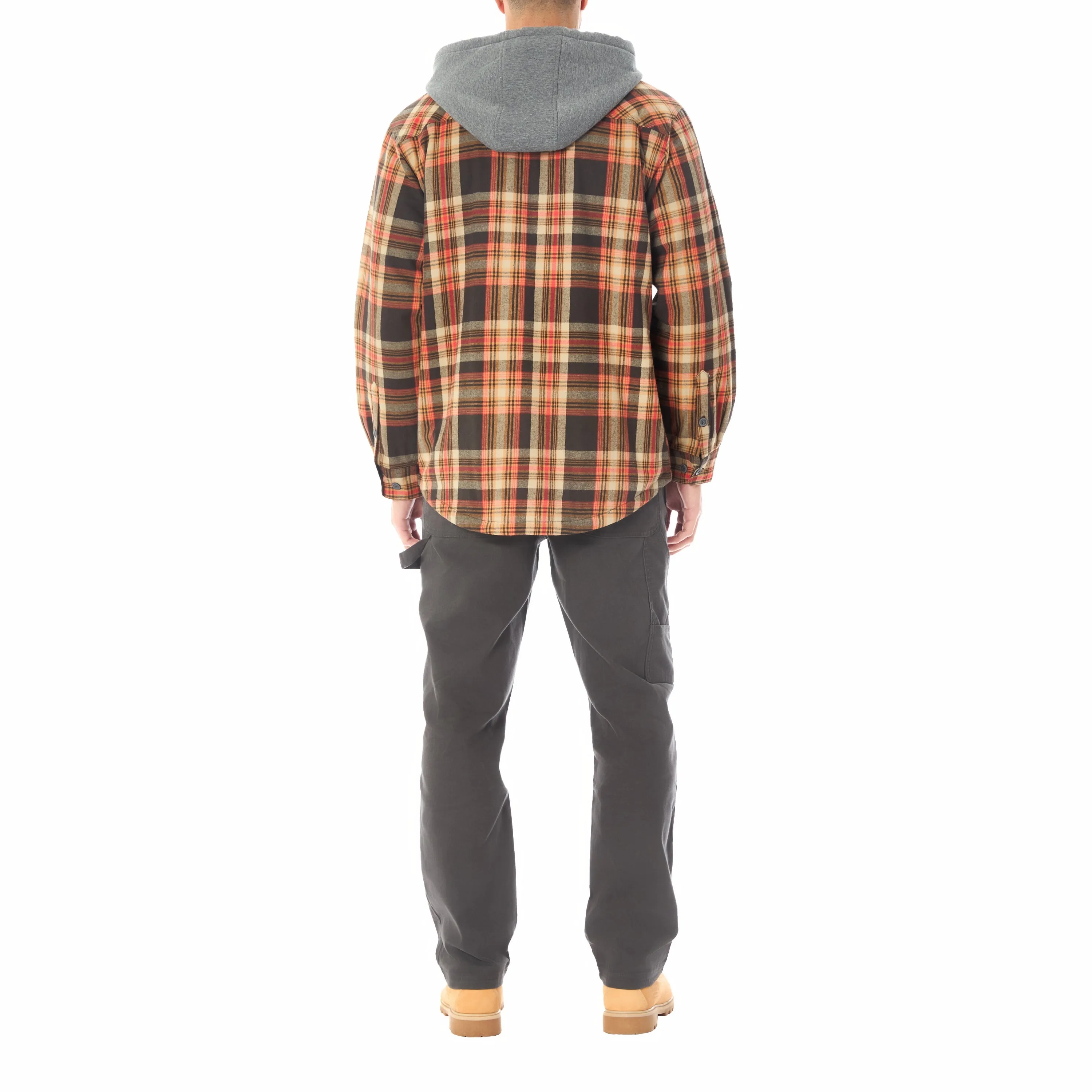 SHERPA LINED HOODED FLANNEL SHIRT JACKET WITH INSET