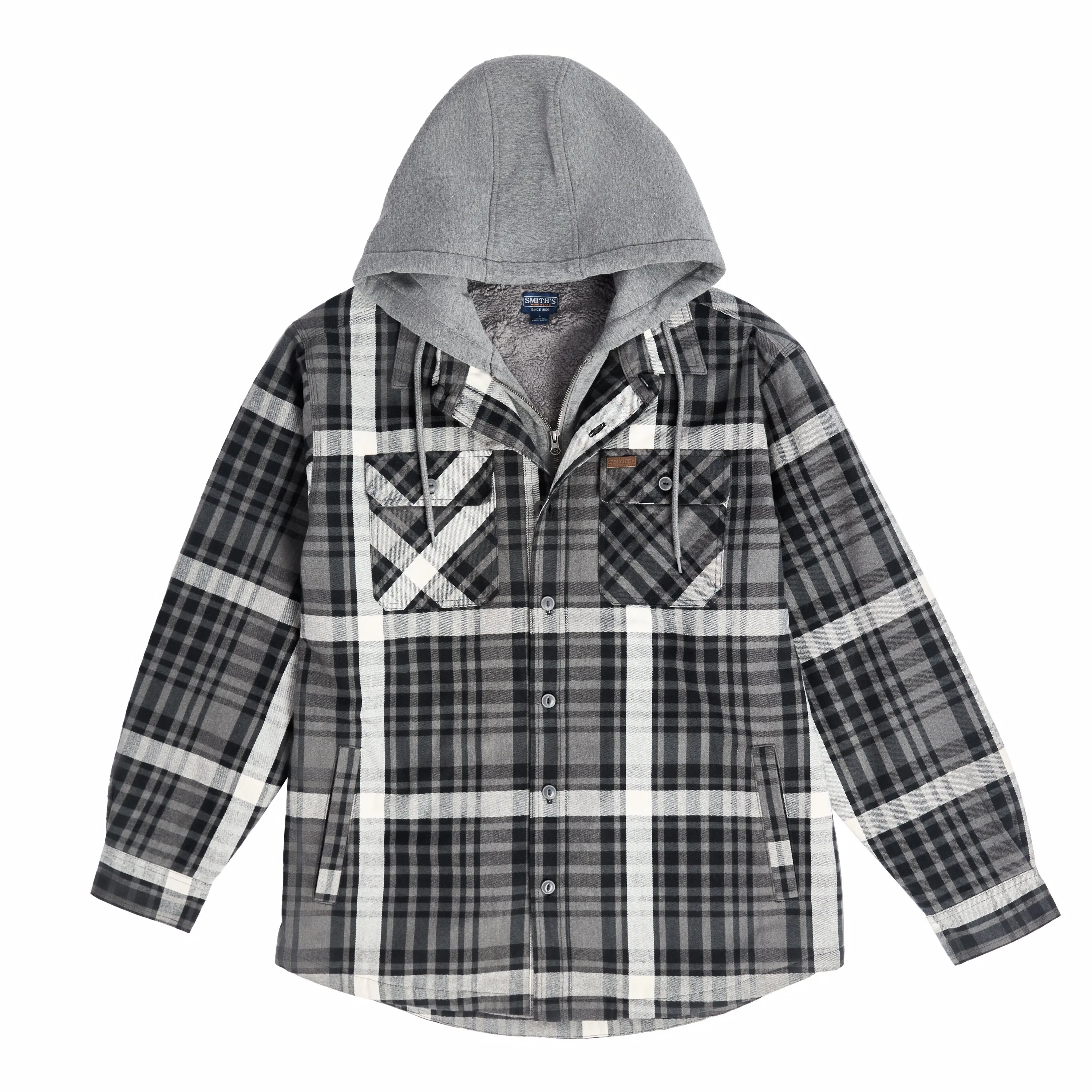 SHERPA LINED HOODED FLANNEL SHIRT JACKET WITH INSET