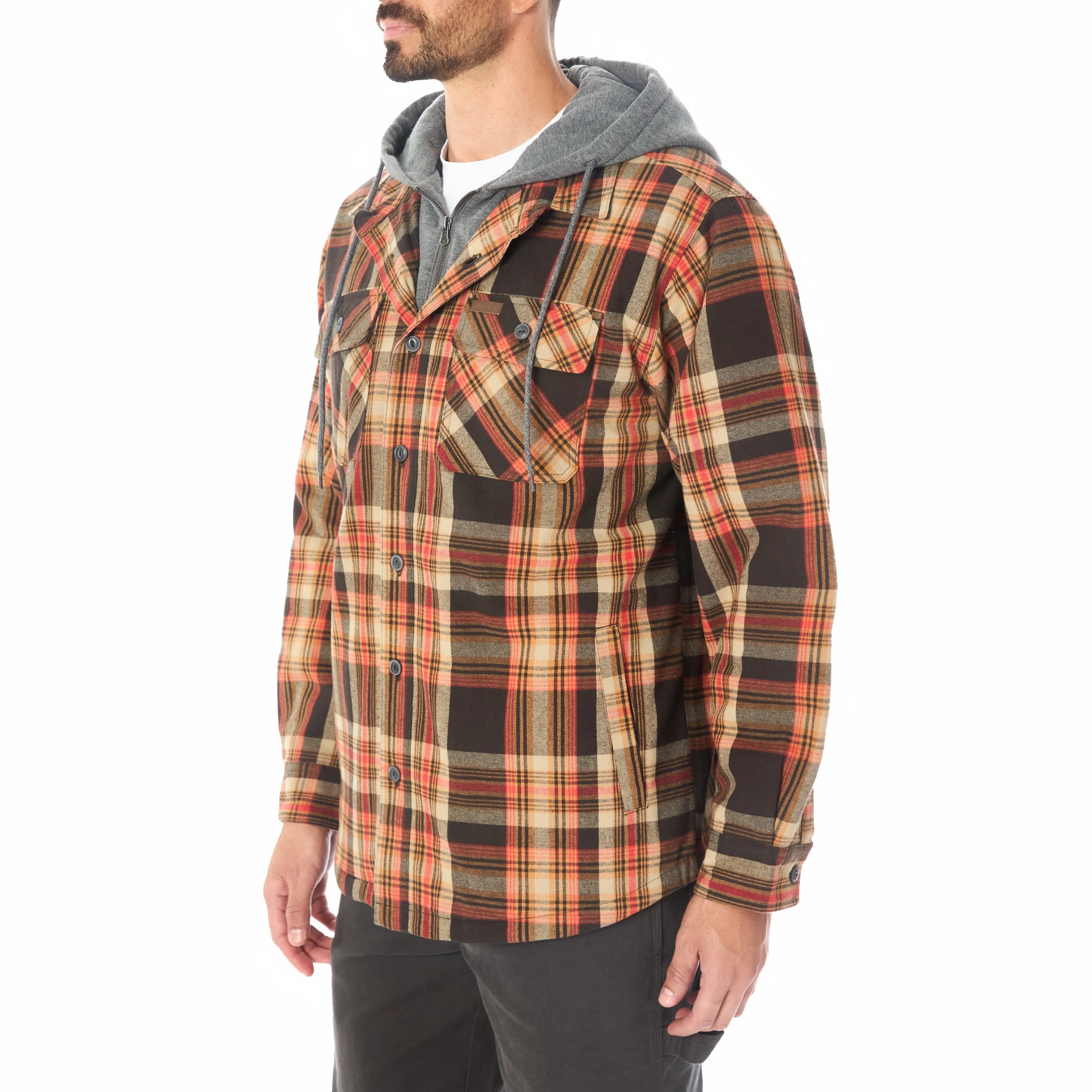 SHERPA LINED HOODED FLANNEL SHIRT JACKET WITH INSET