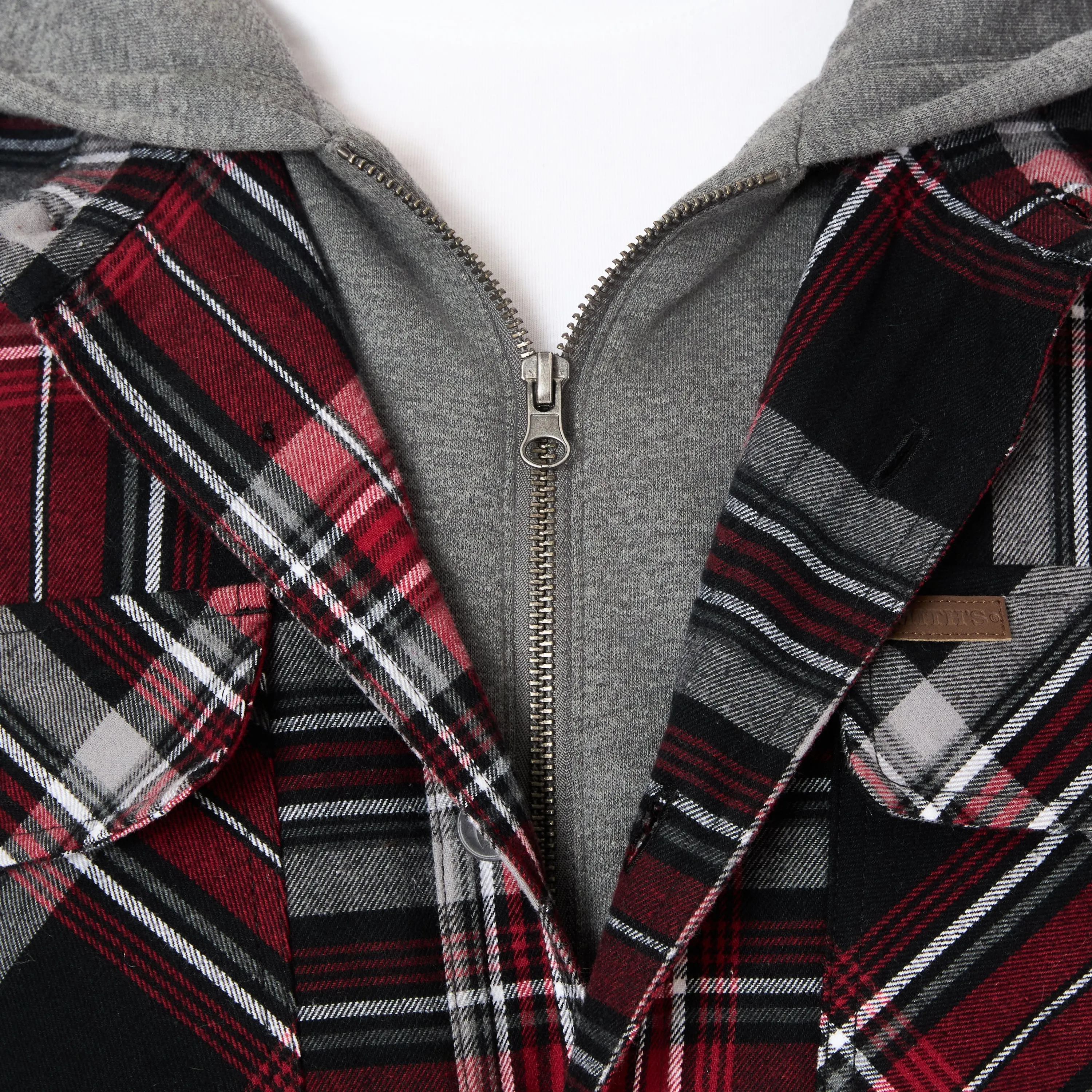 SHERPA LINED HOODED FLANNEL SHIRT JACKET WITH INSET