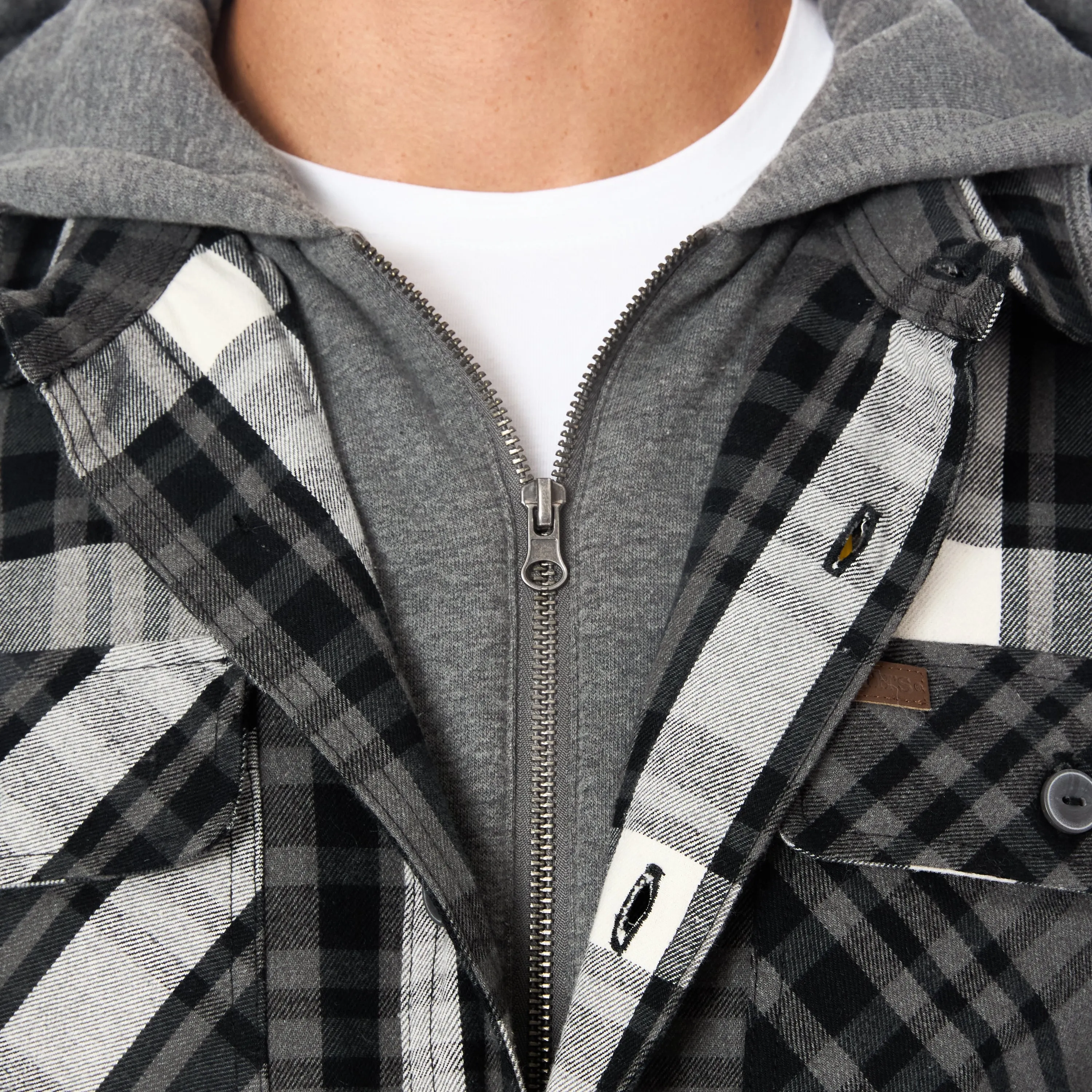 SHERPA LINED HOODED FLANNEL SHIRT JACKET WITH INSET