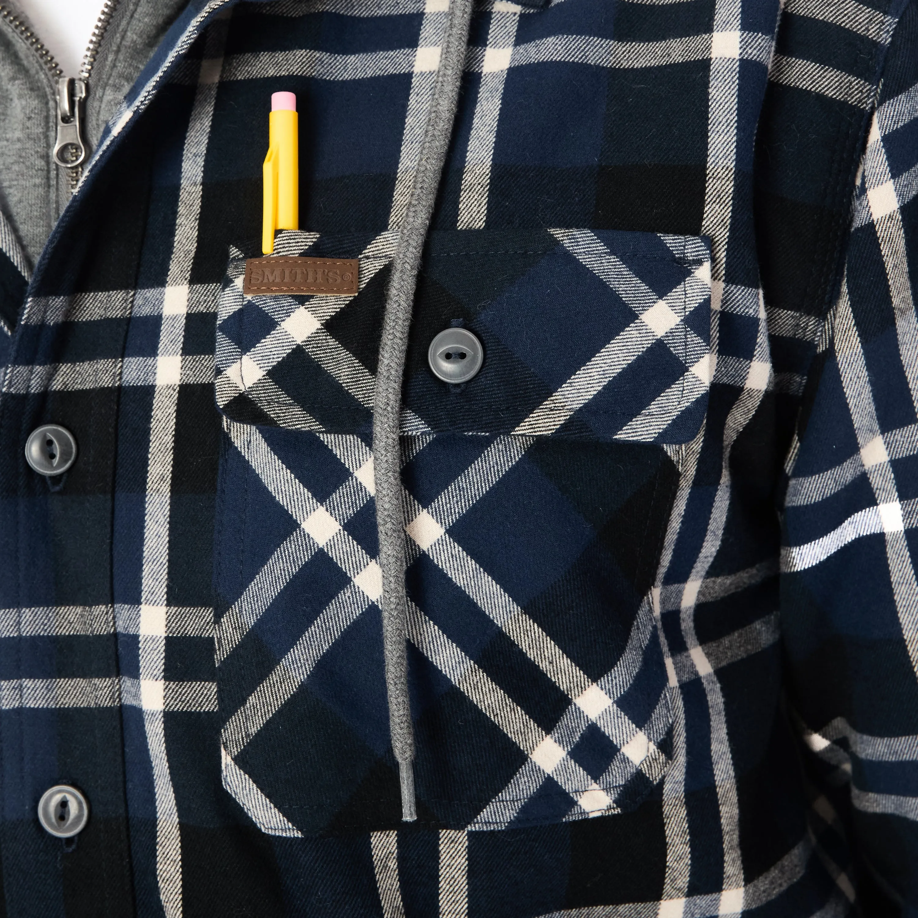 SHERPA LINED HOODED FLANNEL SHIRT JACKET WITH INSET