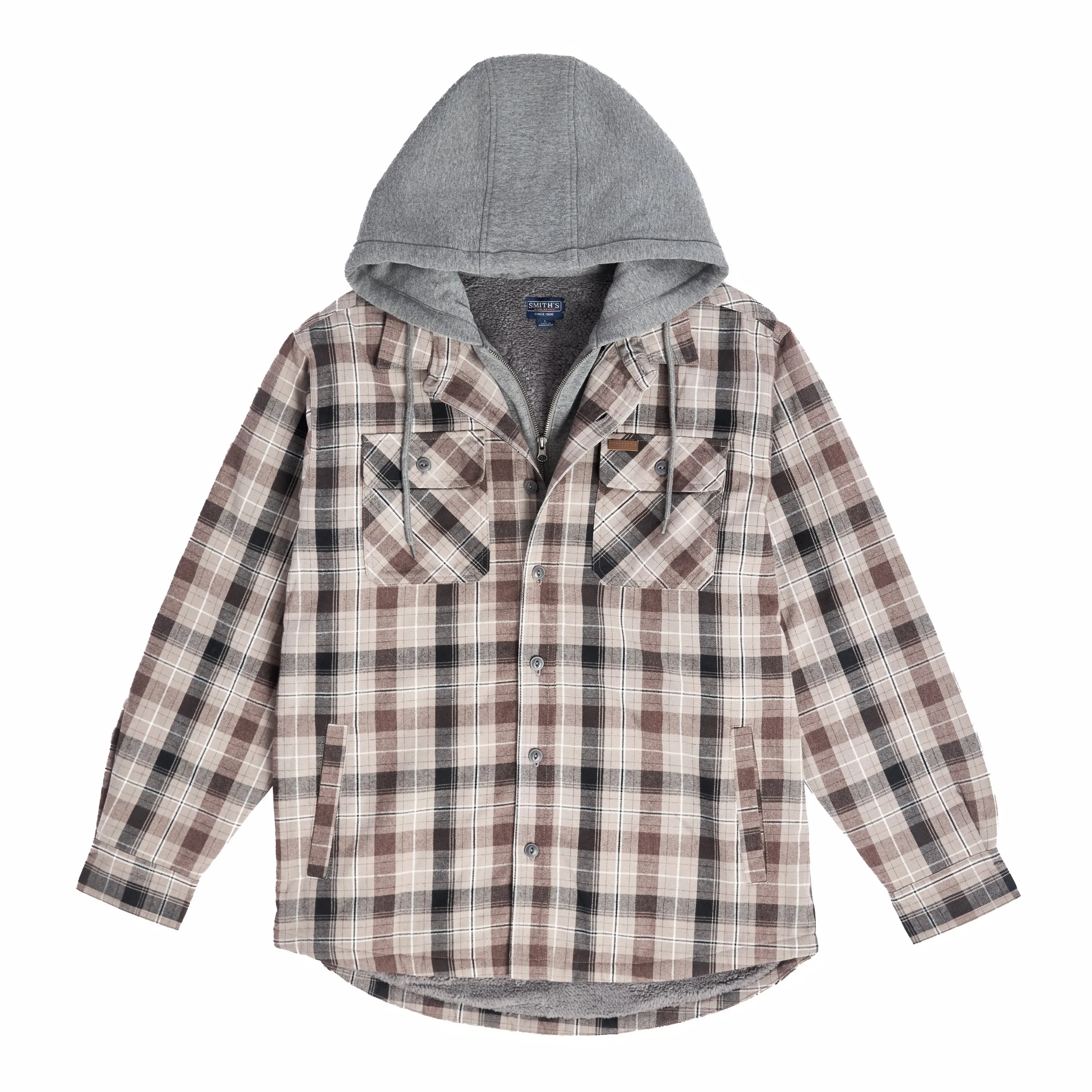 SHERPA LINED HOODED FLANNEL SHIRT JACKET WITH INSET