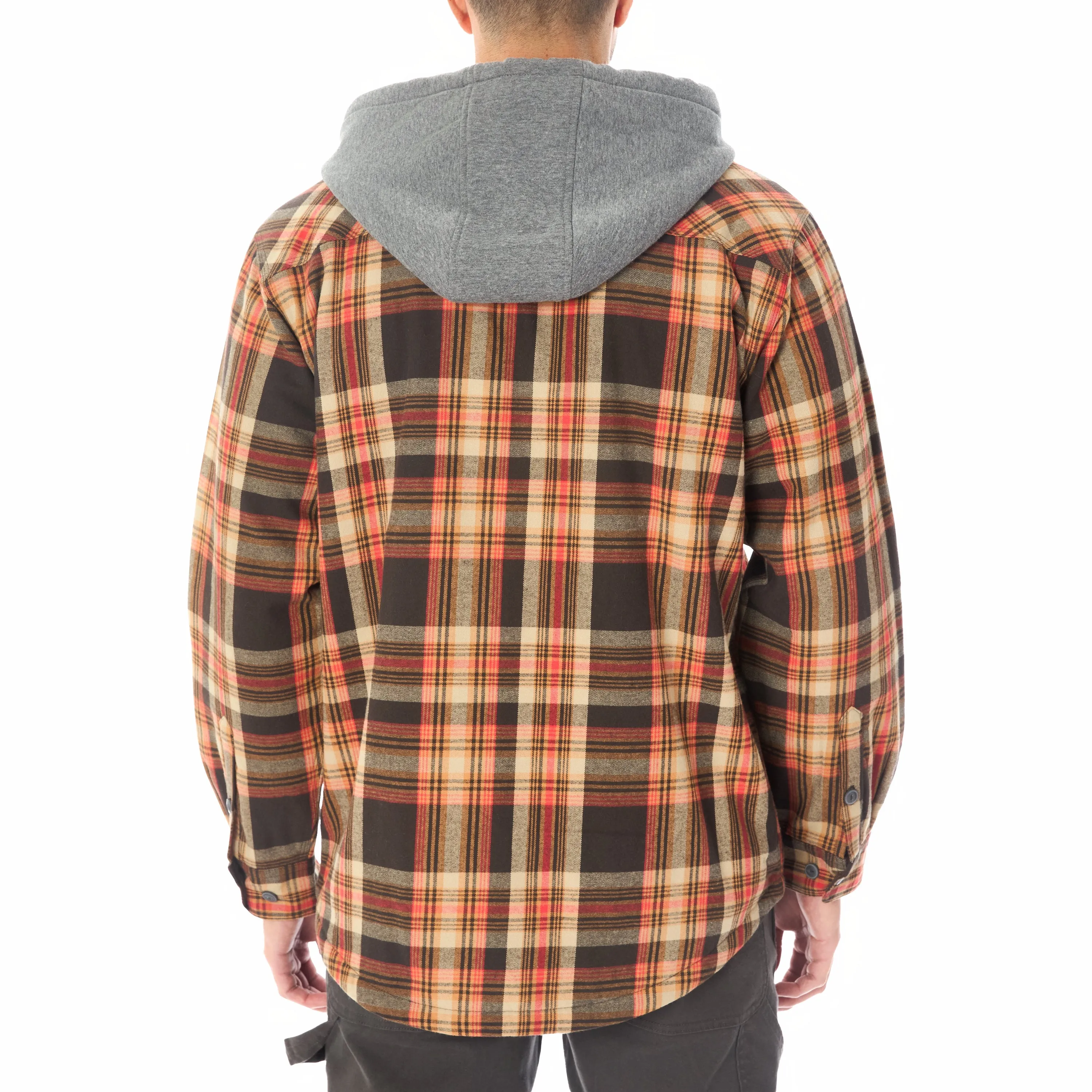 SHERPA LINED HOODED FLANNEL SHIRT JACKET WITH INSET