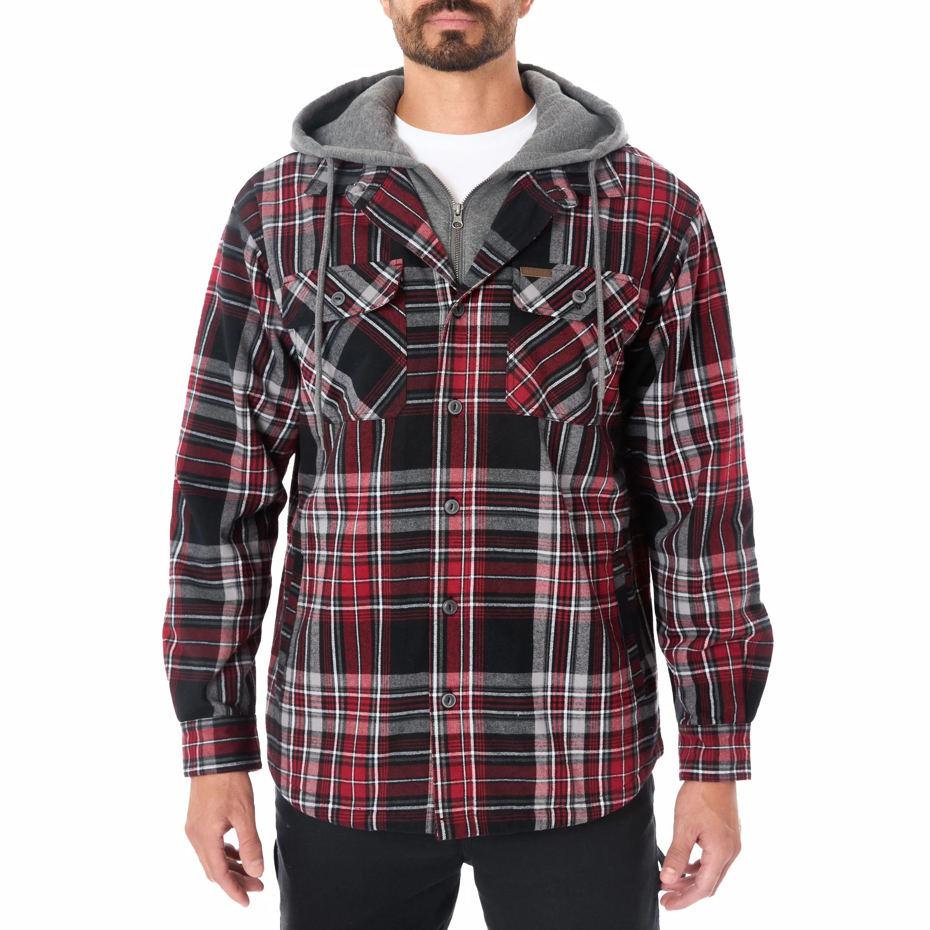 SHERPA LINED HOODED FLANNEL SHIRT JACKET WITH INSET