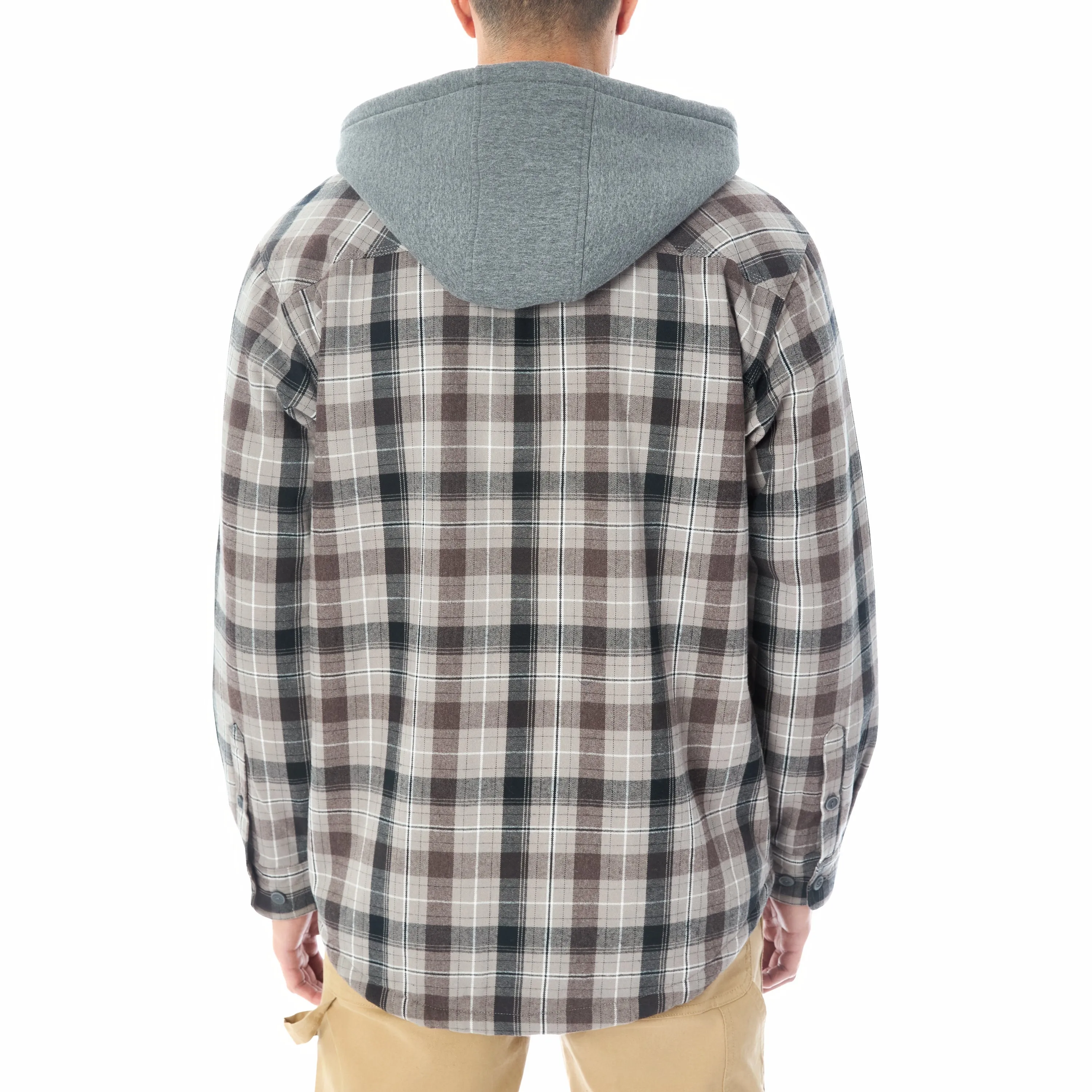 SHERPA LINED HOODED FLANNEL SHIRT JACKET WITH INSET